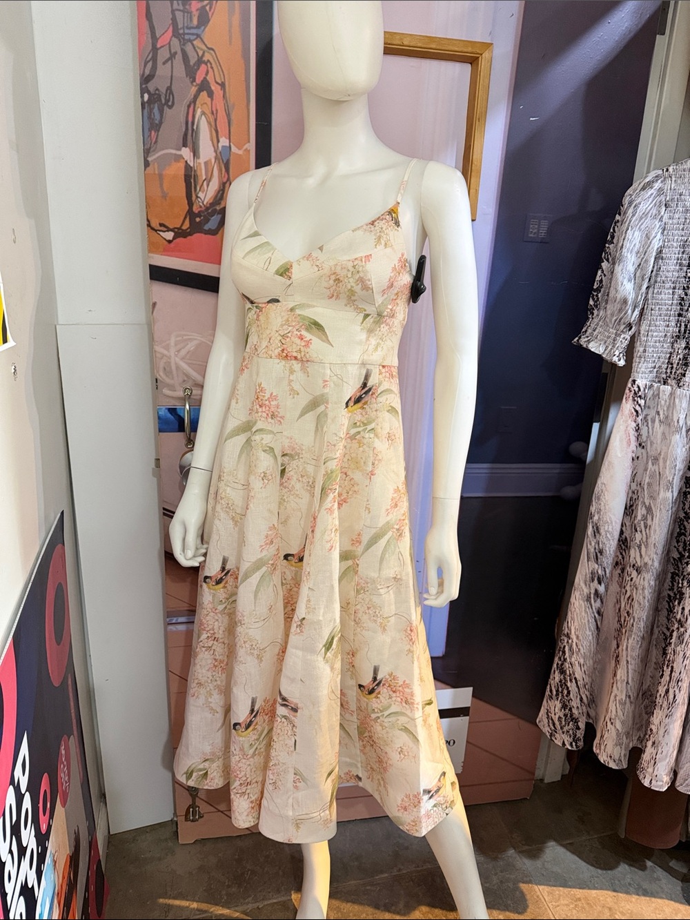 Zimmermann Cream Floral Midi Dress with Bird Motif